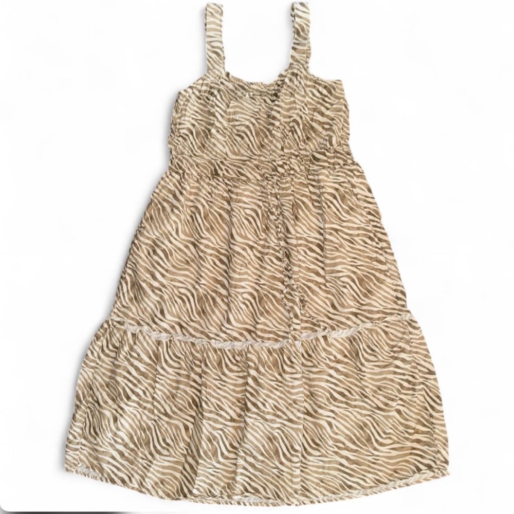 Cactus and Pearl Large Strapless Tiered Midi Dress Linen Green Tan cream Tiger